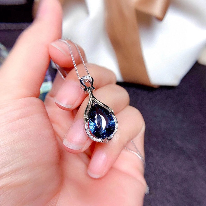 Kalung Liontin Pir Cubic Zirconia Warna Biru Untuk Wanita