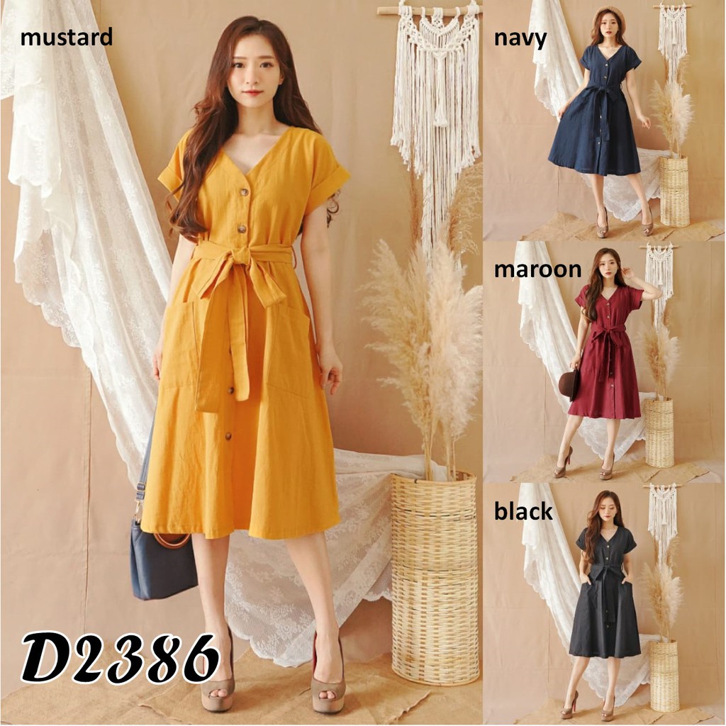 Dress linen polos kancing / Midi dress polos kancing / Dress obi belt / Dress casual polos / Dress i