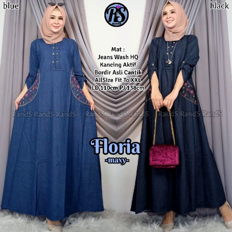 FLORIA gamis maxy jeans levis wanita TERBARU bordir bunga jumbo busui bigsize XXL LD110cm biru hitam
