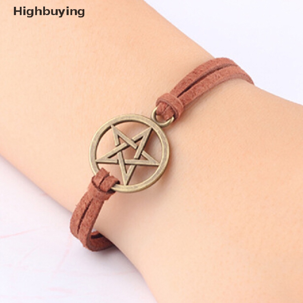 Hbid Gelang Tali Coklat Retro Dengan Liontin Pentagram Perunggu Untuk Wanita