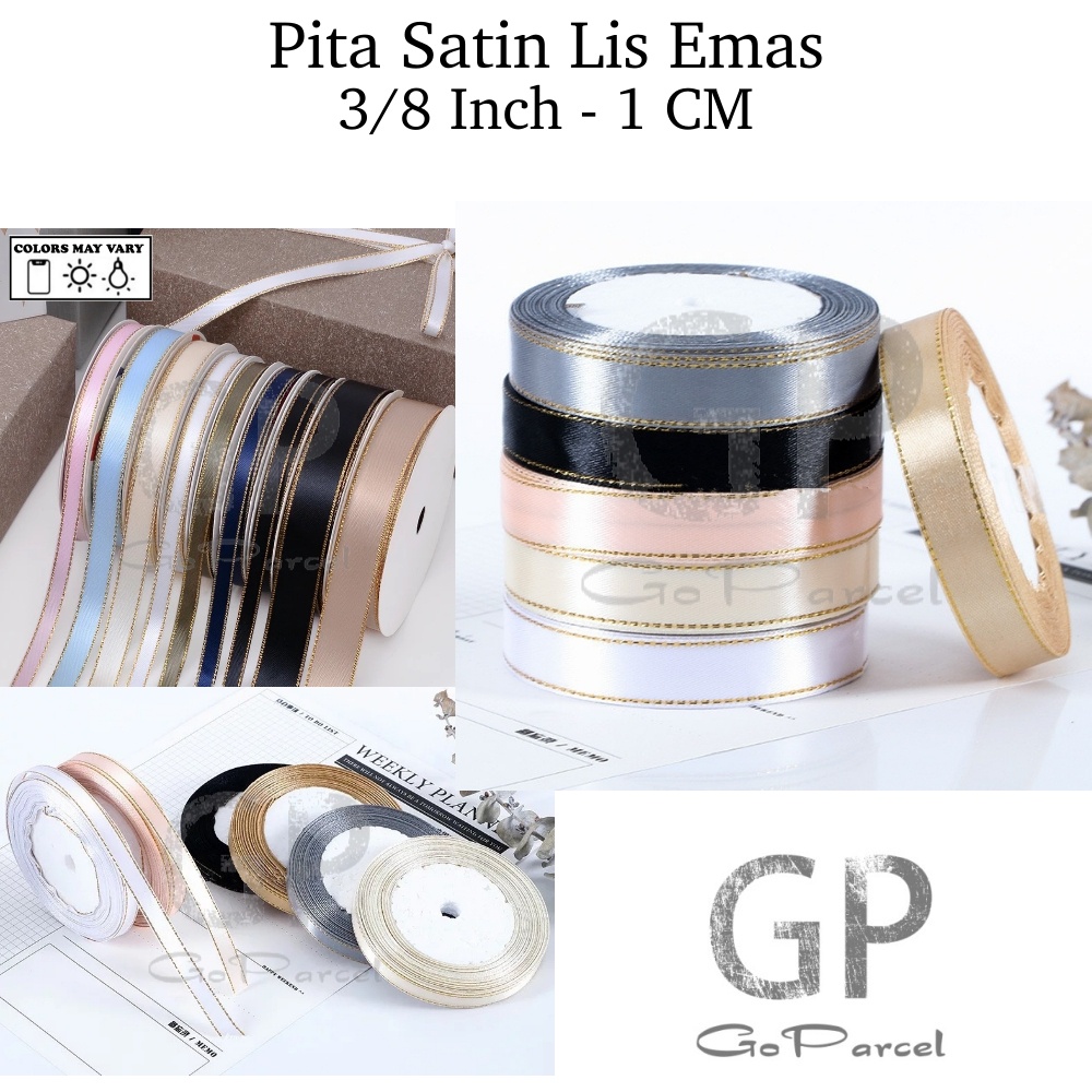 ( Rol 20 Yard ) PITA SATIN LIST EMAS 3/8 INCH / PITA KADO 1 CM / SILK RIBBON GOLD EDGE 3/8 IN