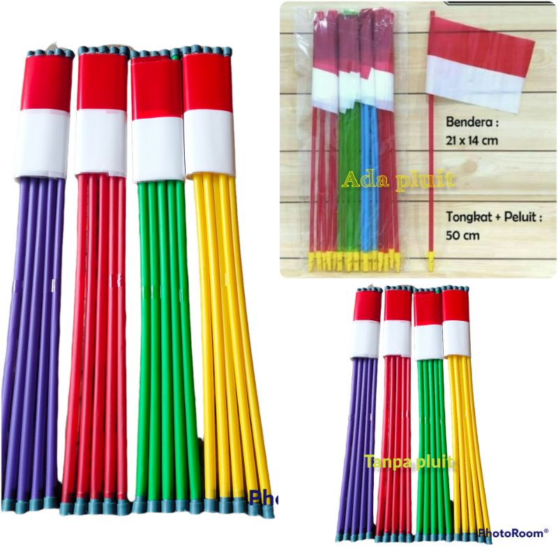 Bendera PLASTIK Merah Putih dengan TONGKAT TANGKAI GAGANG Pluit  (1Pak 20 pcs )