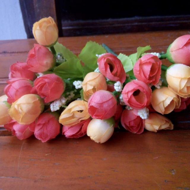 Bunga artificial mawar kuncup 15 kepala bunga-Cream pink