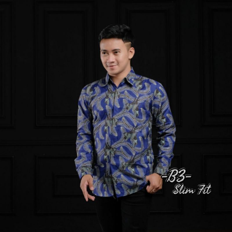 SLIMFIT ATASAN KEMEJA BATIK COWOK PRIA LENGAN PANJANG BIRU DONGKER NAVY NAVI BIG SIZE JUMBO M L XL X
