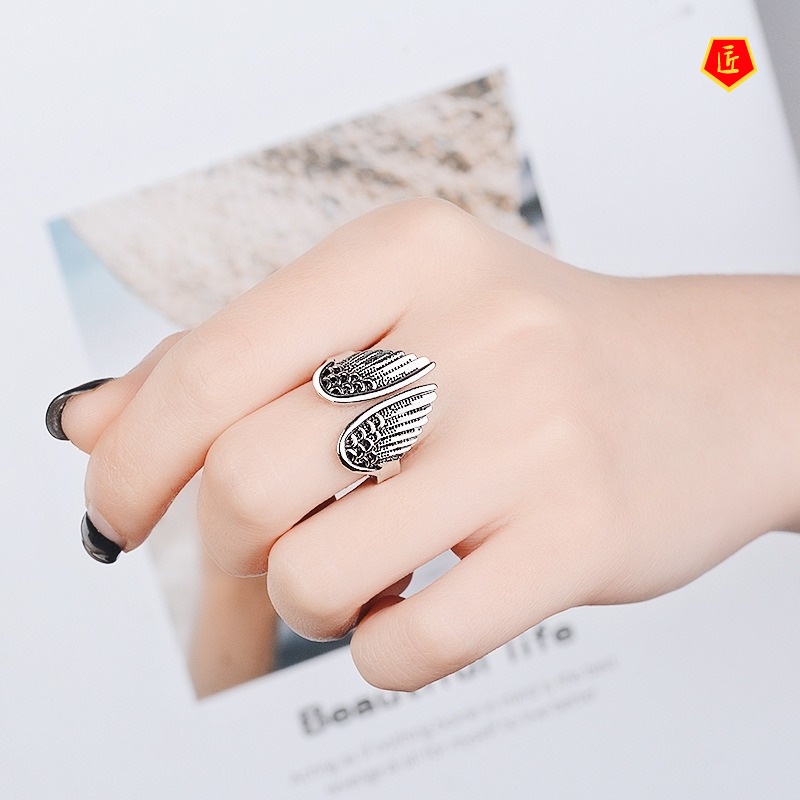 [Ready Stock]Retro Personalized Silver Angel Wings Ring