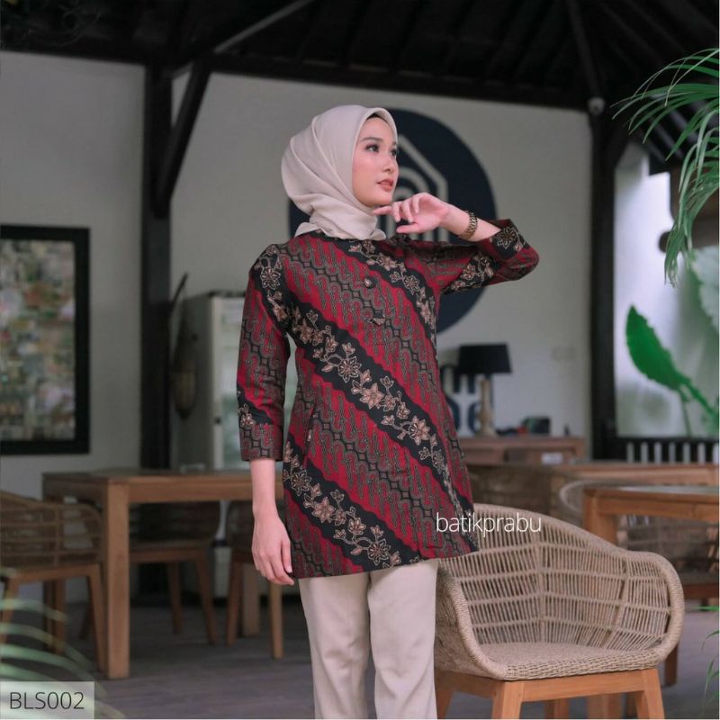 Batik kemeja pria lengan panjang lapis furing bahan katun premium size reguler prg merah hitam