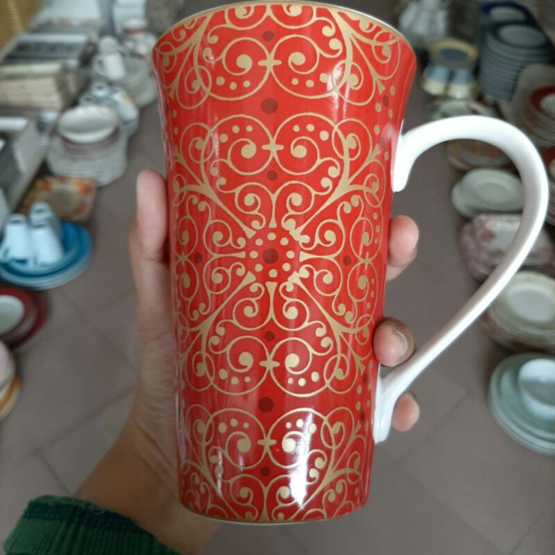 MUG JUMBO GELAS KERAMIK SANGO CANTIK MOTIF CHINESE IMLEK MANDARIN LAMPION BATIK MERAH