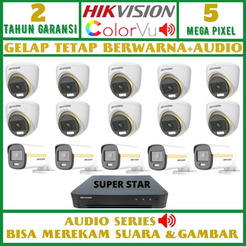 PAKET CCTV HIKVISION COLOR VU 5MP 16 CHANNEL 15 KAMERA AUDIO 2560P SIANG MALAM BERWARNA