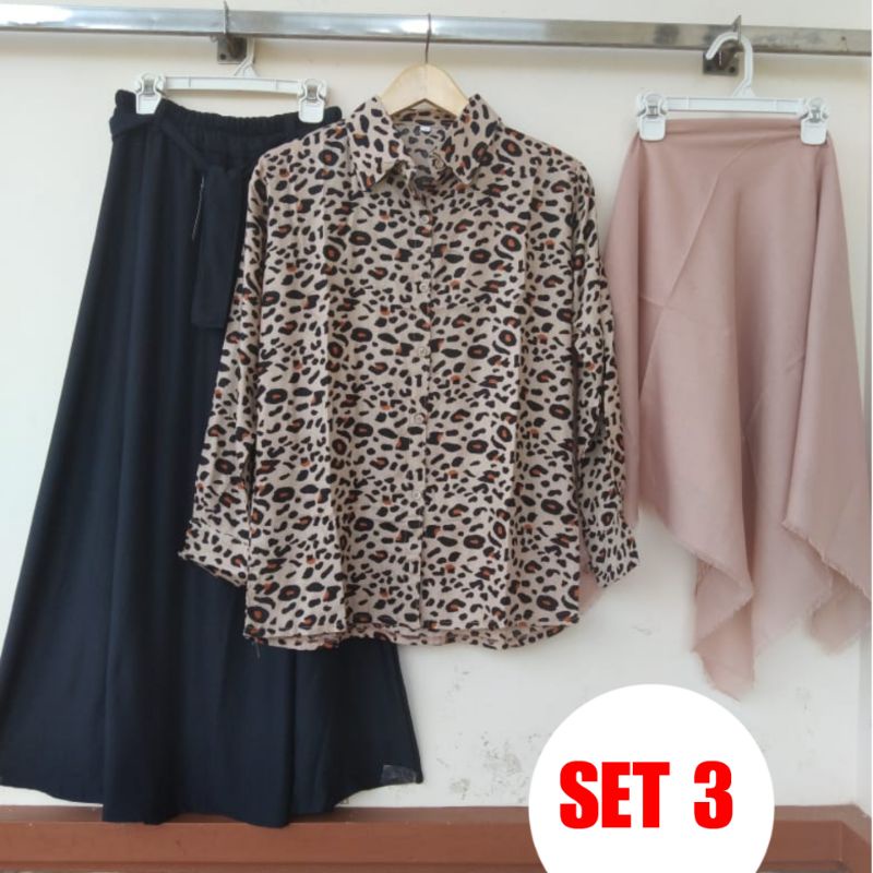 3 IN 1 SETELAN KEMEJA WANITA MOTIF LEOPART RAYON PREMIUM