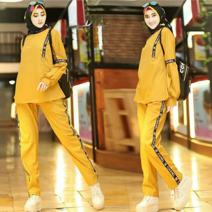 Setelan st set wanita training olahraga sport jumbo big size xl channel guccy flower bahu bolong i.8
