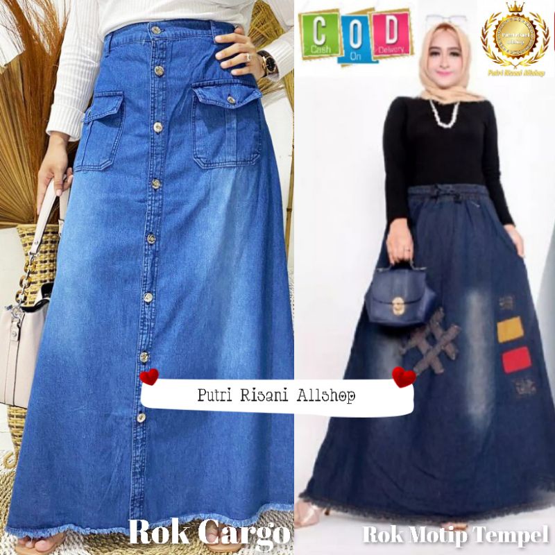 Rok Panjang Wanita - Rok Model A Cargo Kancing Dan Rok Motip Tempel - Soft Jeans BB ± 40-60 Kg