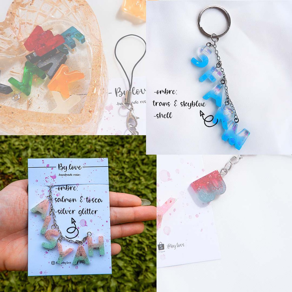 (OMBRE)GANTUNGAN KUNCI CUSTOM INITIALS KEYCHAIN RESIN ALPHABET KECIL