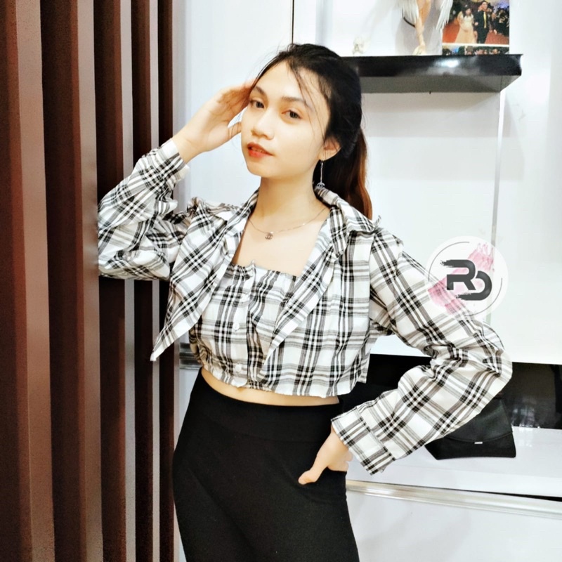 BEFAST - ZRD OOTD Wanita Setelan IDHA / MINA 2in1 (kemeja + tangtop) / Set Kekinian Remaja / Set Daleman+Luaran kemeja Lengan Panjang / Set Motif Kotak-Kotak / Setelan OOTD Ala Style Korean