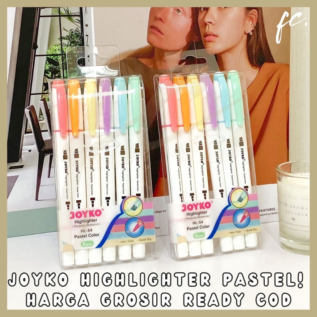 

Set 6 pcs 2 in 1 Colored Highlighter Penanda Berwarna / Setabilo / Spidol Marker JOYKO Original HL-54 Pastel Color Non Toxic Quick Dry Alat Tulis Jurnal Scrapbook Aesthetic Impor Grosir COD