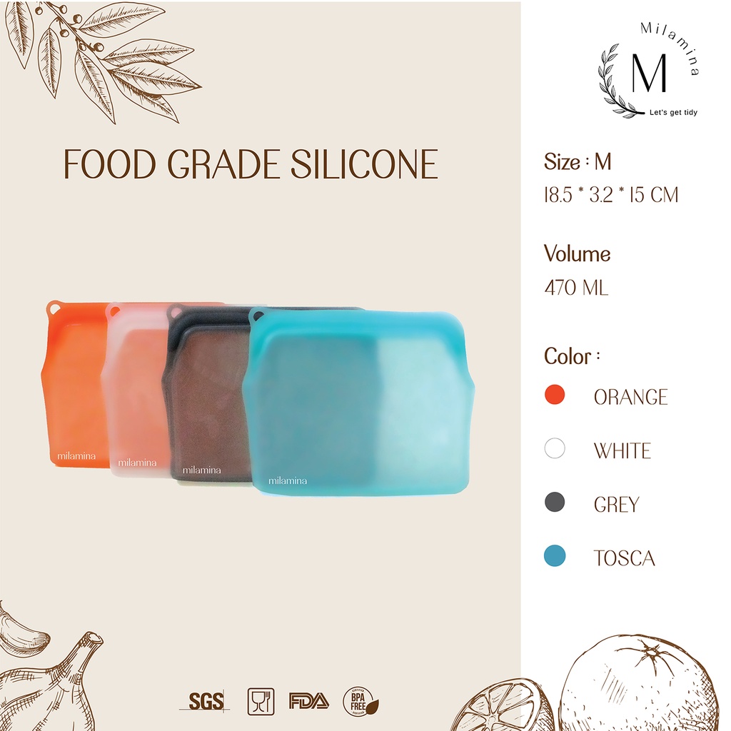 Silicone Bag Medium / M- 470ml/ silicone pouch / bag / food storage / kontainer makanan /  ziplock /