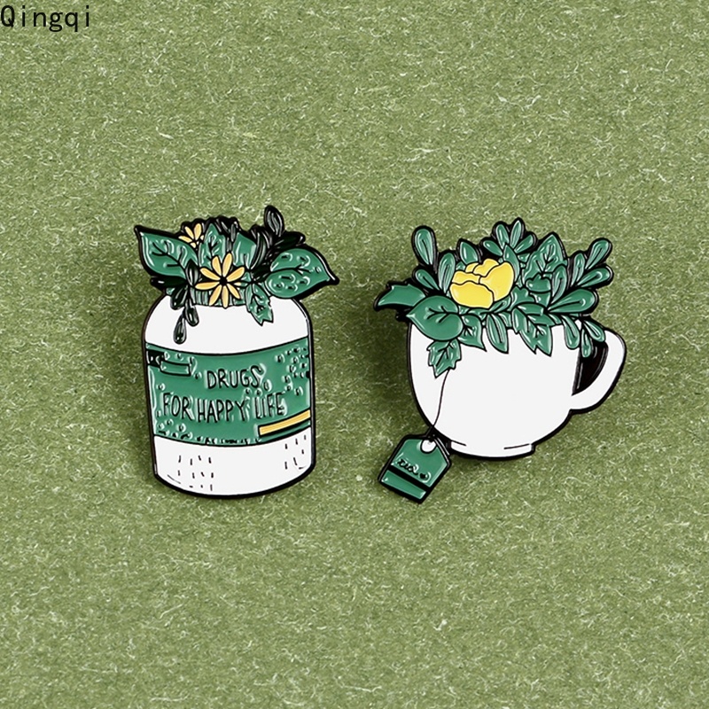 Bros Pin Enamel Desain Tanaman Hijau Drugs for Happy Life Untuk Pria Dan Wanita