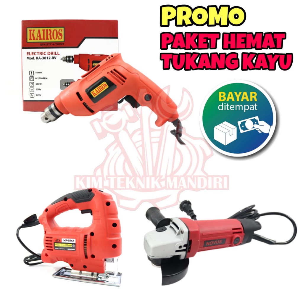 PAKET PROMO  GERGAJI JIGSAW ATS MP-5543 + BOR LISTRIK 10MM KAIROS + NOVUS NSG945 GERINDA
