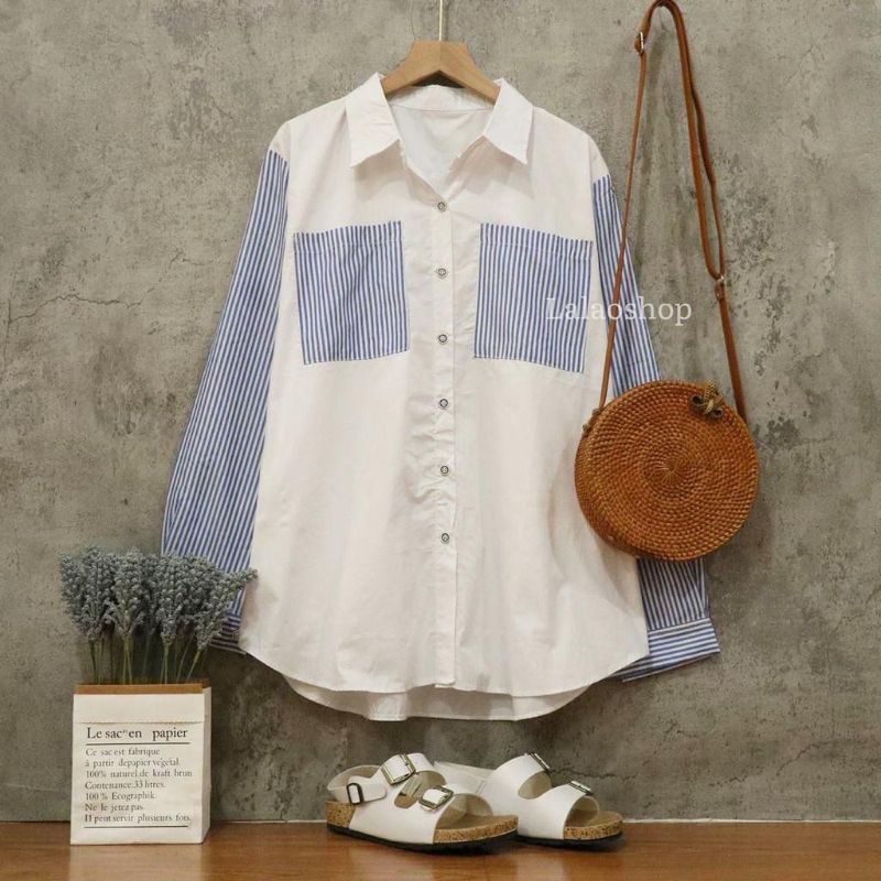 Zilla Blue White Stripe Two Pocket ( Kemeja putih mix garis biru )