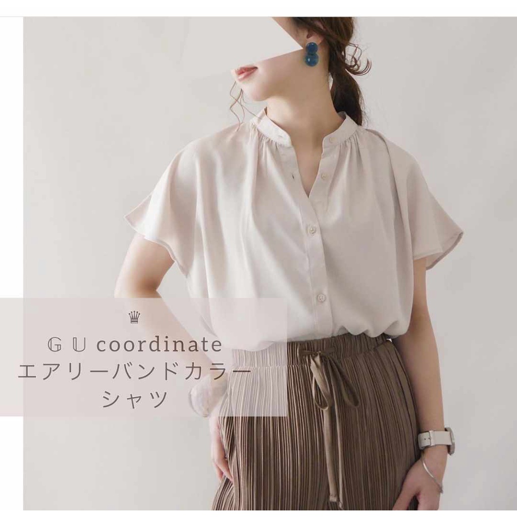 BLOUSE WANITA GU Airy band collar  TANGAN PENDEK-3