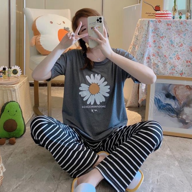Baaju.id Baju Setelan Piyama Import Jumbo Big Size Baju Rumah Baju Tidur Wanita KR1001-FLOWER (GREY)
