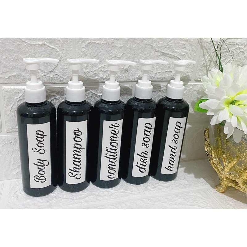 botol 250ml hitam stiker putih . aesthetic bottle minimalist refill organizer tempat estetik shampoo bathroom stiker