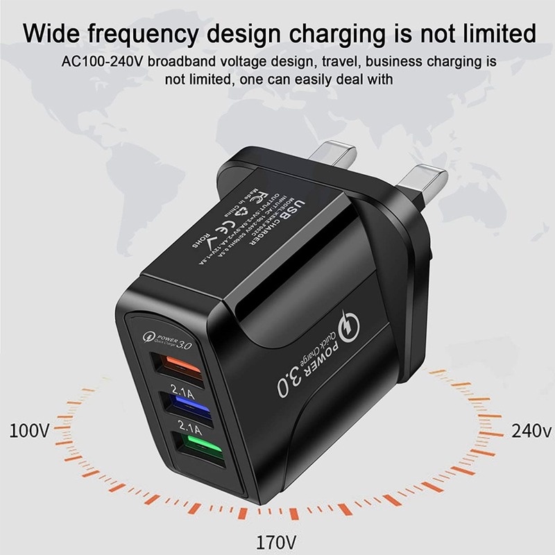 Xnyocn Kepala pengisian standar Inggris QC 3.0charger 2.1A pengisi daya antarmuka USB Kepala pengisian daya perjalanan ponsel 3-port universal USB charger