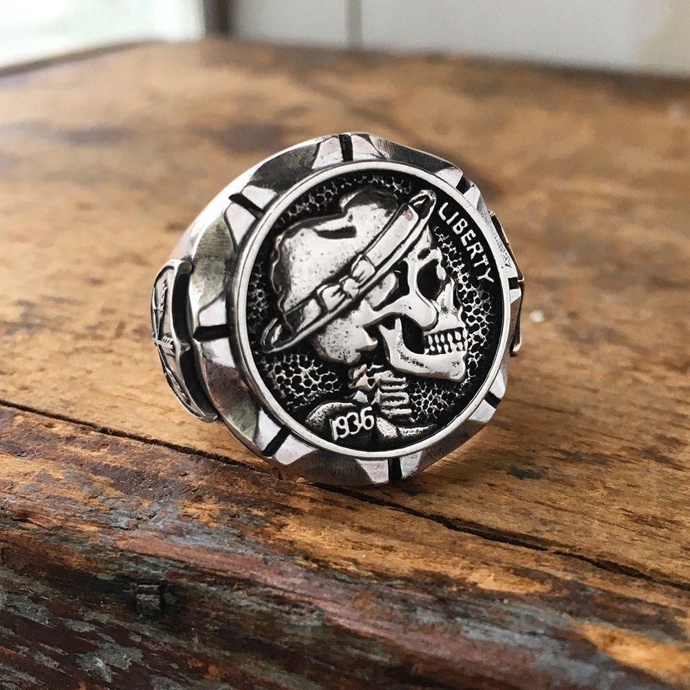 New Arrival Vintage Fashion Punk Brave Skull Rings Mens Mexican Indian Biker Style Coin Silver Stainless Steel Ring Jewelry Size 7 8 9 10 11 12 13 14