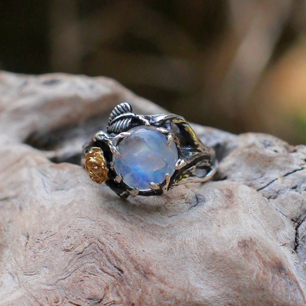 Hu Hu Hu Hu Hu Alat Bantu Pasang Kacamata♡ Cincin Wanita Desain Bunga Mawardaun Hias Moonstone Imitasi Bentuk Bulat Gaya Vintage Untuk Pesta