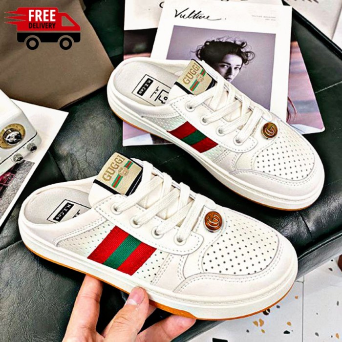 SEPATU SNEAKERS GUCCI WANITA KETS SANDAL SLIP ON IMPORT KOREA TERBARU - Merah, 36
