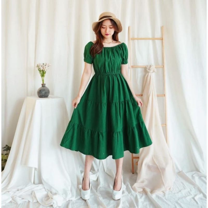 DDC9634 - Nonna Ruffle Midi Dress  bahan Cotton linen HQ