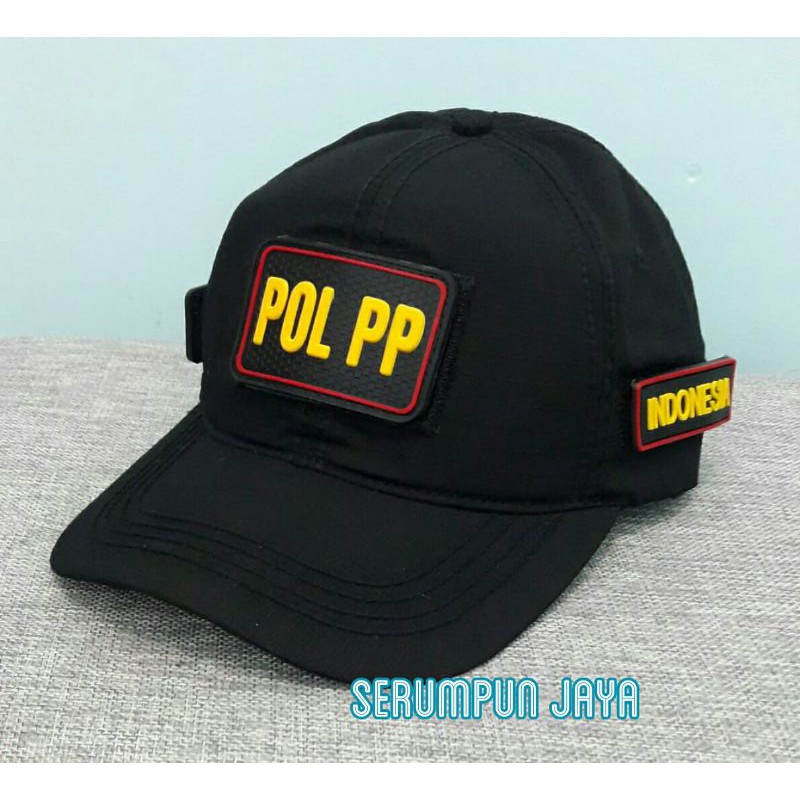 TOPI POL PP HITAM - TOPI POL PP 3PATCH VELCRO HITAM - TOPI SATPOL PP VECLRO HITAM + 3 PATCH