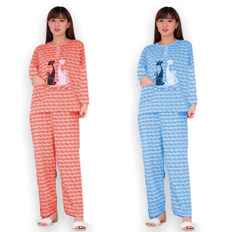 Lilipop.id  Baju Tidur Jumbo Twin Cat XXXL Celana Panjang PP Bigsize Lengan Panjang Baby Doll Kaos