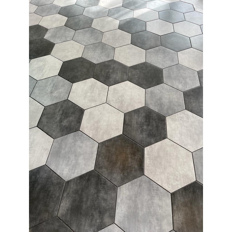 KERAMIK LANTAI TEMBOK HEXAGONAL ROMAN SEGI LIMA ABU ABU PUTIH HITAM