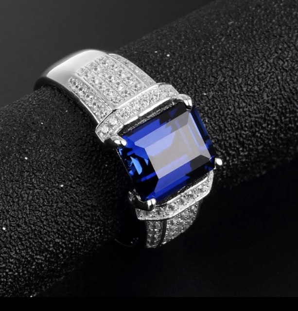 Cincin Pria Perak Blue Saphire Elegan Mewah Berkelas Safir Biru