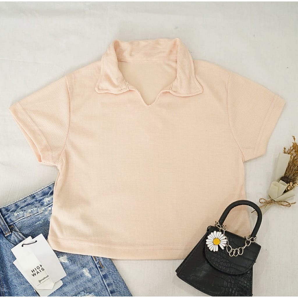 Weijia Fashion OOTD Wanita Atasan AMICA / Jisa Rib Crop V Collar / Kaos Wanita Santai / Pakaian Kaos
