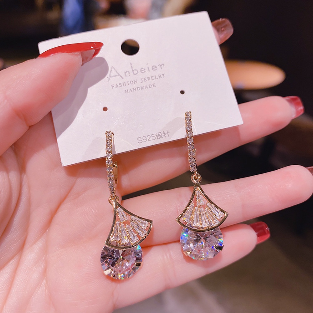 Anting Gantung Kristal Zircon Electroplating Bentuk Kipas Kecil Untuk Wanita