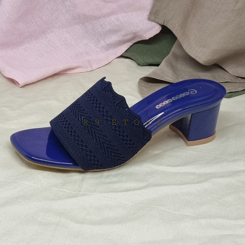 R9 sepatu pesta wanita Selop Rajut Hak Tahu 5 CM Heels Import