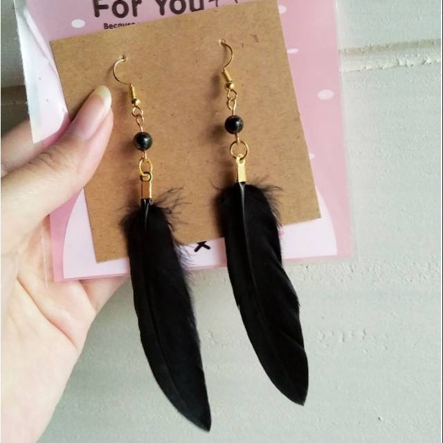 Black Swan Feather Party Smookey Gold Hook Earring/Anting Bulu Angsa Hitam Panjang Pesta Keren Gotik