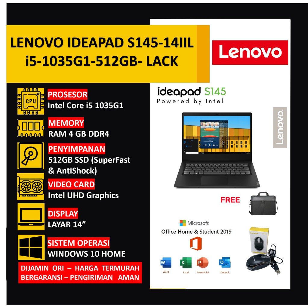 LAPTOP LENOVO IDEAPAD S145-14IIL i5-1035G1 RAM 4GB 512GB SSD OHS BLACK