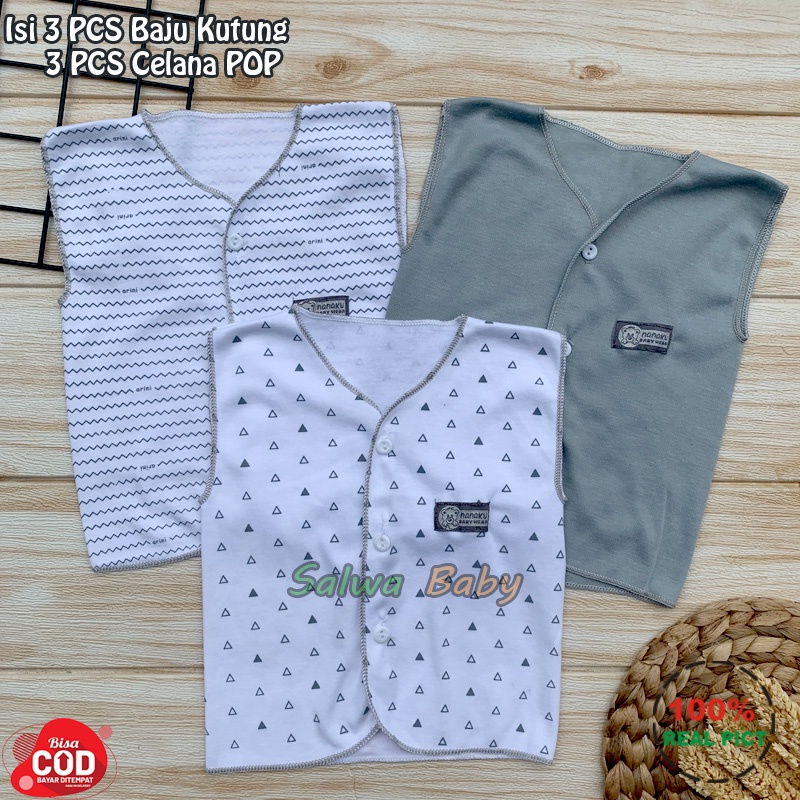 Bahan Katun TC 6 PCS Baju Bayi Lengan Kutung Celana POP Bayi Celana Kacamata Bayi Baru Lahir Serian Abu Kualitas Premium