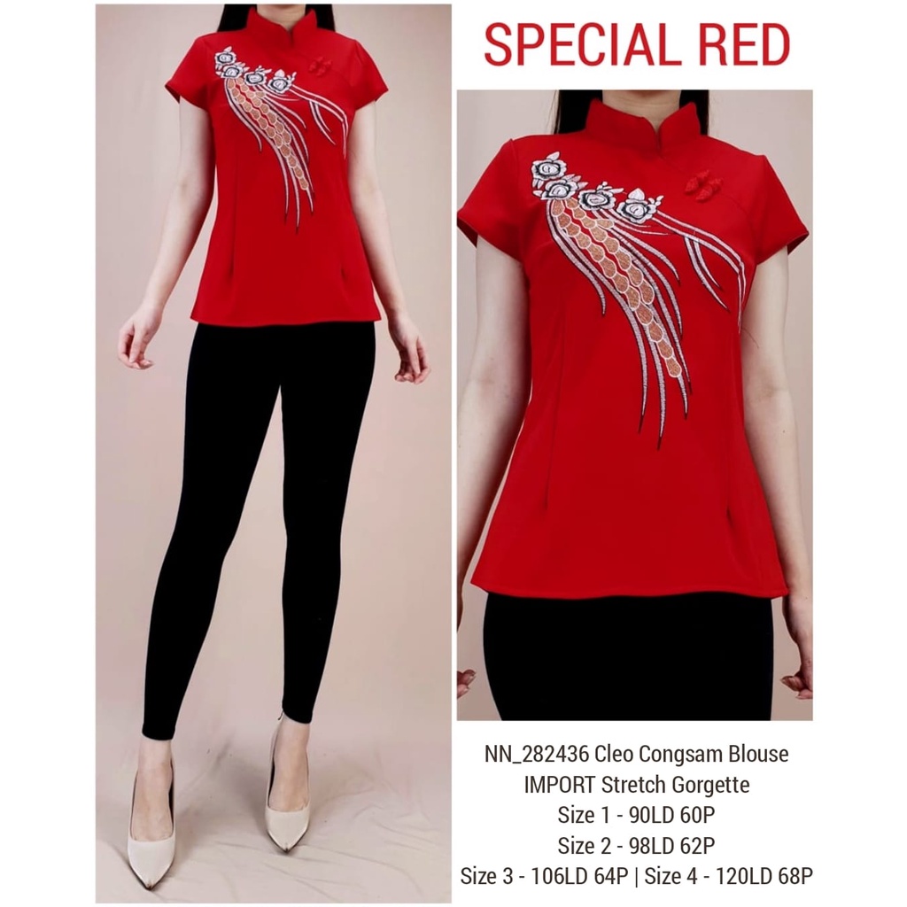 ( 4 SIZE ) BLOUSE CHEONGSAM CINDY EMBROIDERY MEDIUM SIZE - BIG SIZE STRETCH GEORGETTE ONLY RED SPECI