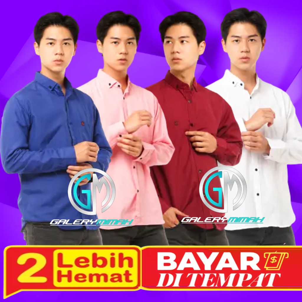 BAJU KEMEJA PRIA LENGAN PANJANG HEM POLOS COWOK LENGAN PANJANG WARNA Biru dongker Hitam Putih Pink H