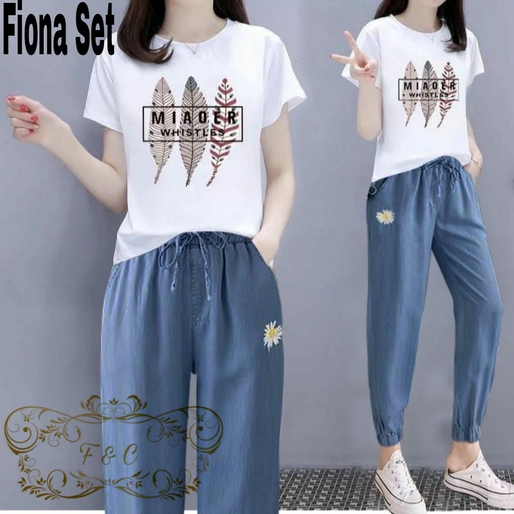 Setelan wanita terbaru/ Fiona set celana jeans + kaos / one set denim / pakaian wanita dewasa kekinian