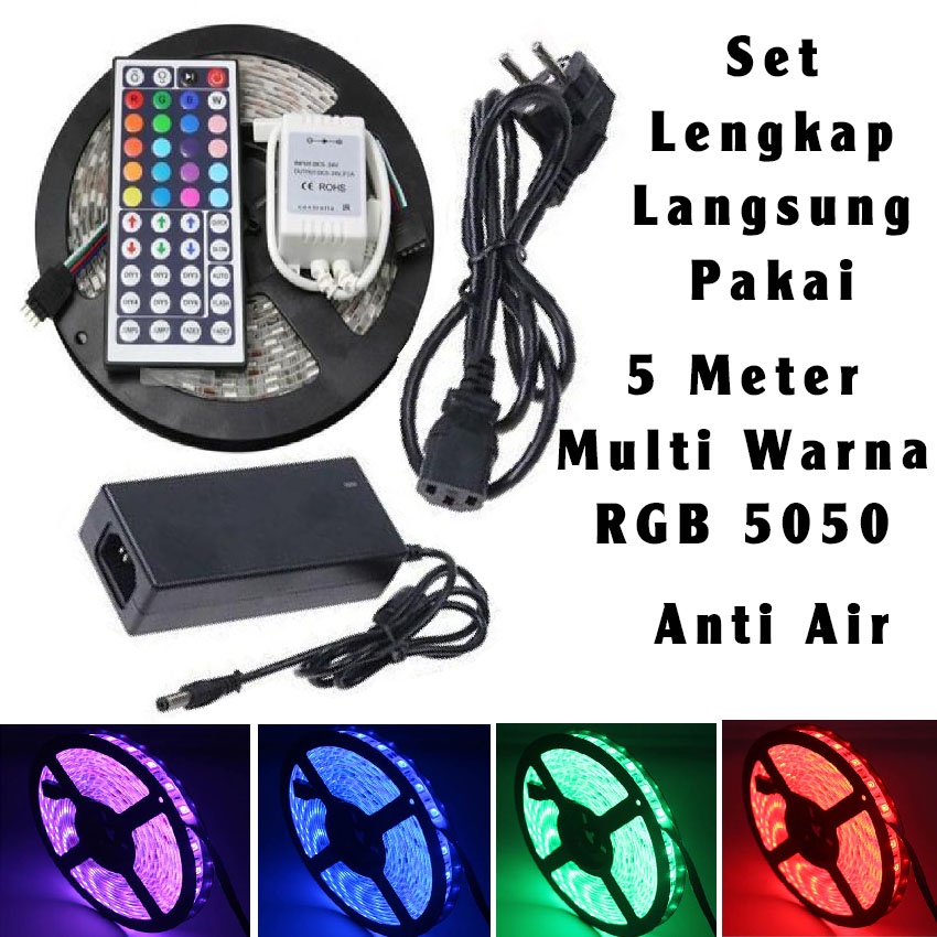 Led Strip RGB 5050 220V 5Meter plus Remote dan Controller, Set Lengkap Langsung pakai Led fleksibel anti air 5M Strip Flexible Light Waterproof 5050 RGB 5M Remote Warna Multi Warna Paket Lampu LED strip 5 10 Meter RGB 5050 2835 3528 IP33 IP44 5M 10M