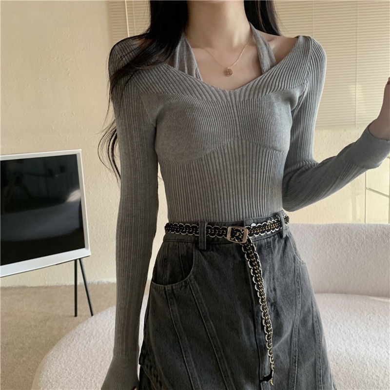 Suhao Kalung V-neck Knitwear Pakaian Wanita Musim Semi dan Musim Panas Versi Korea Baru Slim Fit Legging Knitwear Lengan Panjang Atasan