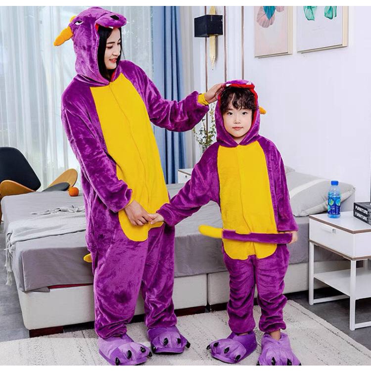 KOSTUM ONESIE DINO DINOSAURUS UNGU GODZILLA PIYAMA COSPLAY ANAK IMPOR