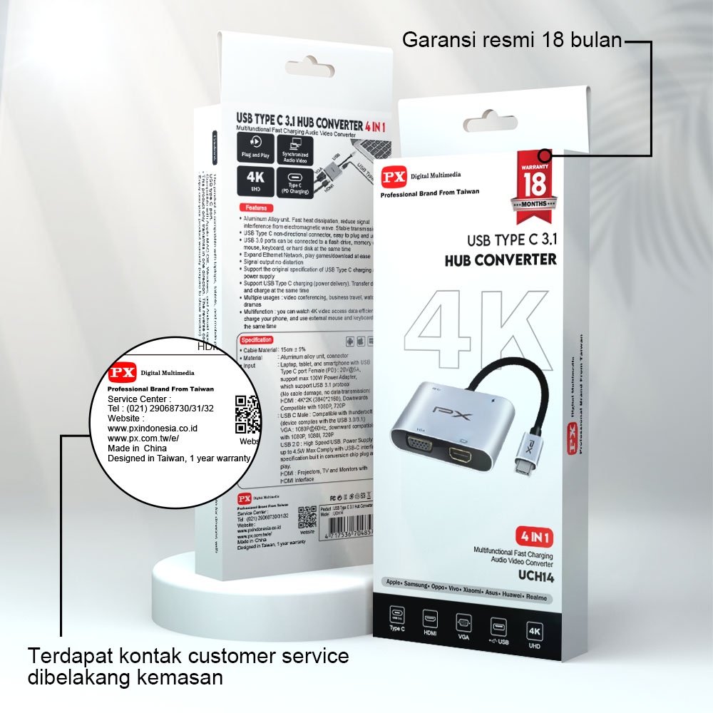 Type C 3.1 to HDMI VGA USB Hub Converter Adaptor 4 in 1 4K PX UCH14