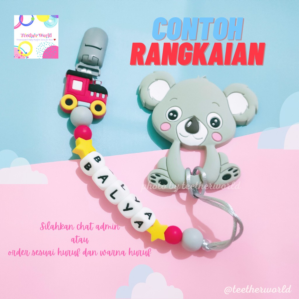 (FREE CASE) Set A Gigitan Bayi + Pacifier Clips / Tali Dot/ Tali Empeng/  Tali Custom Teetherworld-5 Huruf