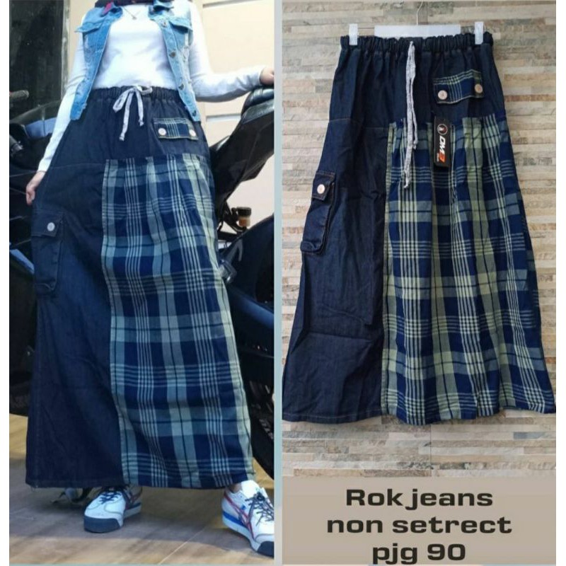 rok jeans import pjg 90 kombinasi kotak jeans foto realpik warna navy tua