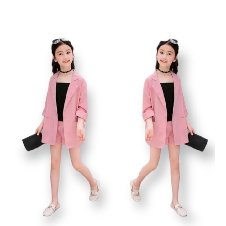 Setelan Jas anak perempuan Korea Murah Abu-abu Set Blazer Anak Terbaru Celana Pendek